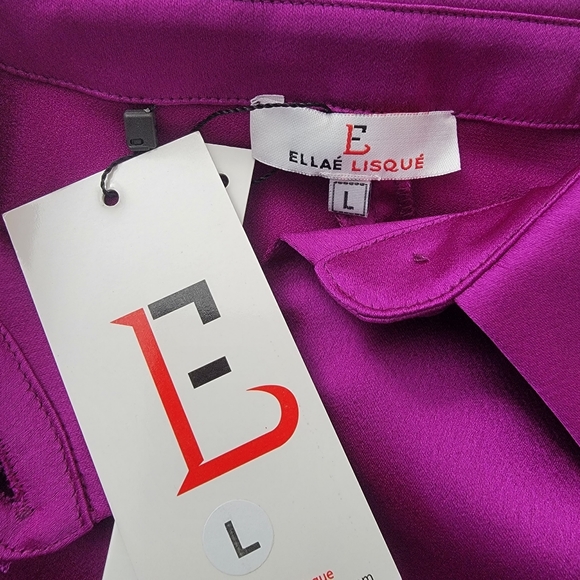 Ellae Lisque Purple Satin Long Sleeve Side Slits Bow Front Dress Women's size L. - Picture 7 of 13